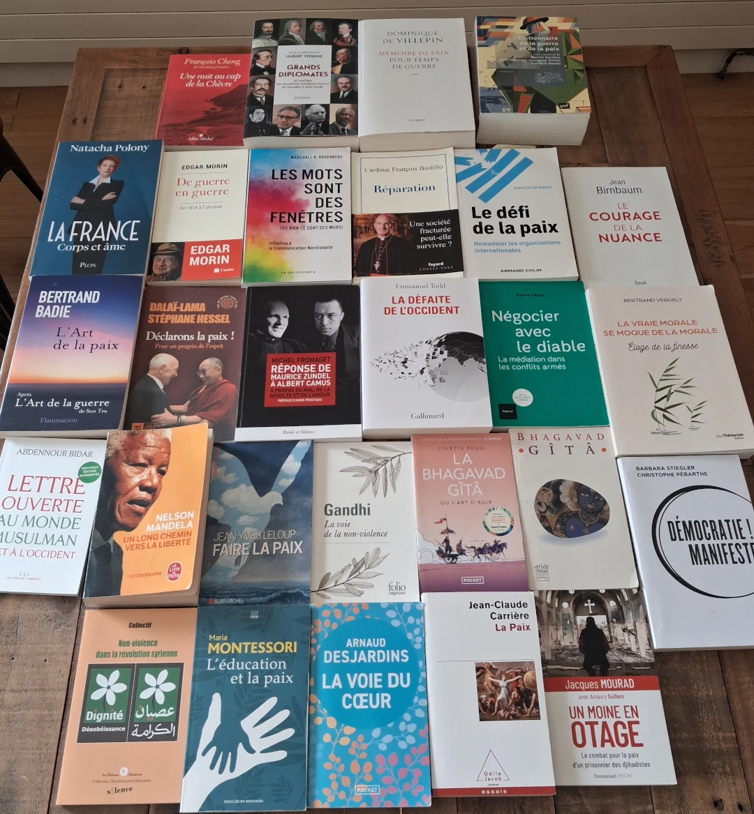 Liste non exhaustive des livres ayant inspiré l'auteur : Une Nuit au cap de la Chèvre, François Cheng; Grands diplomates, Hubert Védrine; Mémoires de paix pour temps de guerre, Dominique de Villepin; La France Corps et âme, Natacha Polony; De guerre en guerre, Edgar Morin; Les mots sont des fenêtres, Marshall Rosenberg; Réparation, Cardinal François Bustillo; Le défi de la paix, Anne-Cécile Robert; Le courage de la nuance, Jean Birnbaum; L'art de la paix, Bertrand Badie; Déclarons la paix, DalaÏ-Lama et Stéphane Hessel; Réponse de Maurice Zundel à Albert Camus, Michel Fromaget; La défaite de l'Occident, Emmanuel Todd; Négocier avec le diable, Pierre Hazan; La vraie morale se moque de la morale, Bertrand Vergely; Lettre ouverte au monde musulman et à l'occident, Abdennour Bidar; Un long chemin vers la liberté, Nelson Mandela; Faire la paix, Jean-Yves Leloup; La voie de la non-violence, Gandhi; La Bhagavad Gitâ ou l'art d'agir, Collette Poggi; Bhagavad Gitâ; Démocratie ! Manifeste, Barbara Stiegler et Christophe Pébarthe; Non-violence dans la révolution syrienne, ouvrage collectif; L'éducation et la paix, Maria Montessori; La voie du coeur, Arnaud Desjardins; La paix, Jean-Claude Carrière; Un moine en otage, Jacques Mourad  